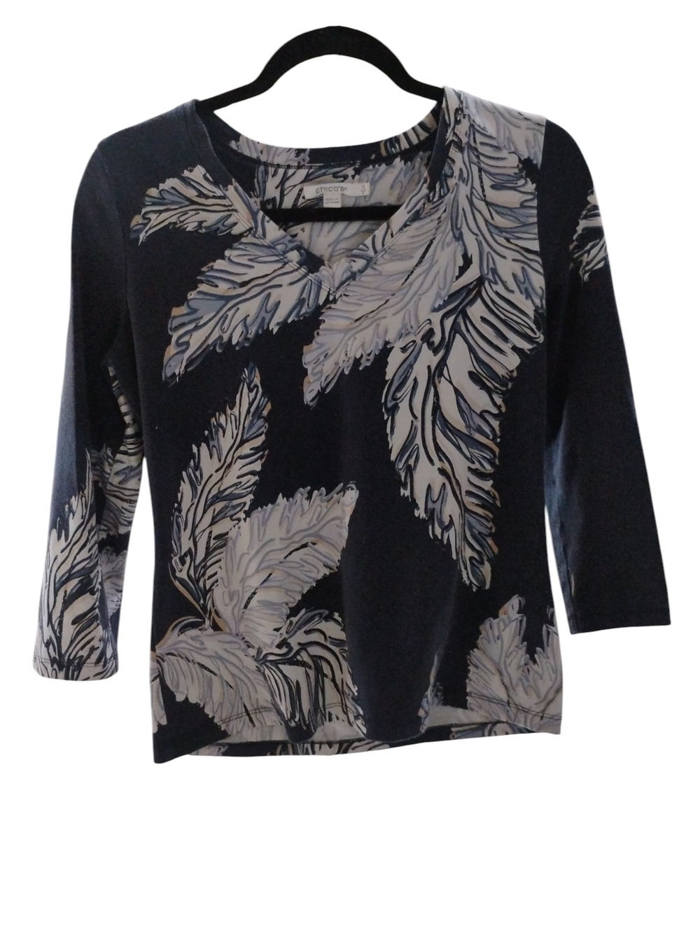 Chico's Navy Blue Leaf-Print 3/4 Sleeve Top